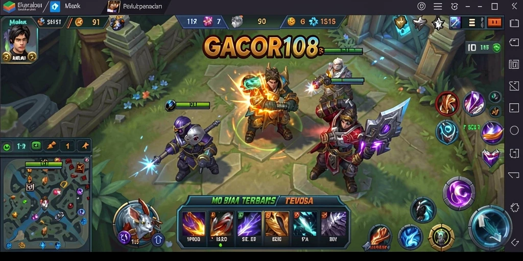 Screenshot GACOR108 menampilkan aksi intens di arena permainan MOBA.