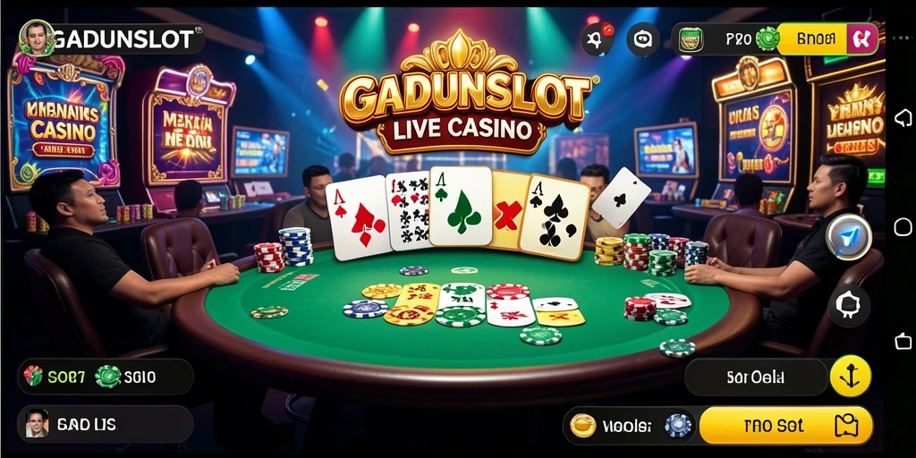 Screenshot utama GADUNSLOT menunjukkan dealer langsung dan permainan yang menegangkan.