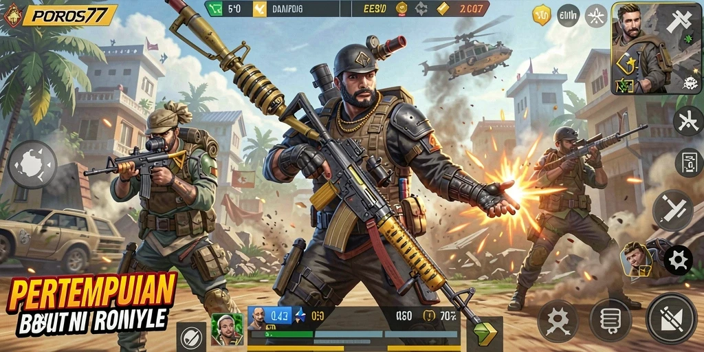 Gameplay seru dan mendebarkan di POROS77 Battle Royale.