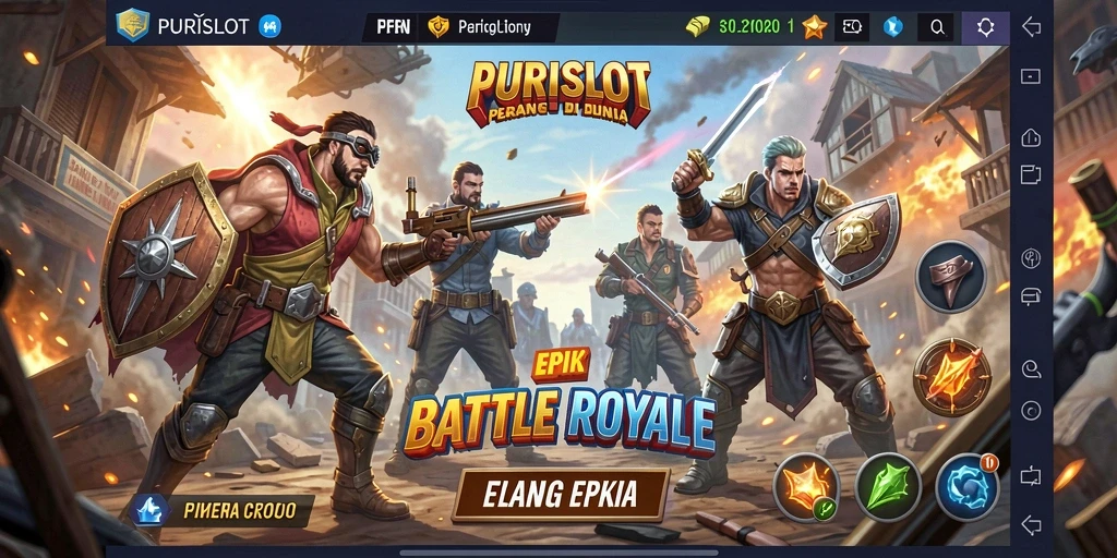 Tampilan gameplay seru dan mendebarkan di PURISLOT dengan aksi Battle Royale.