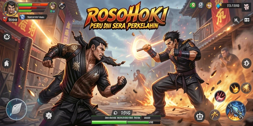 Screenshot utama ROSOHOKI menampilkan pertarungan intens antara dua karakter.