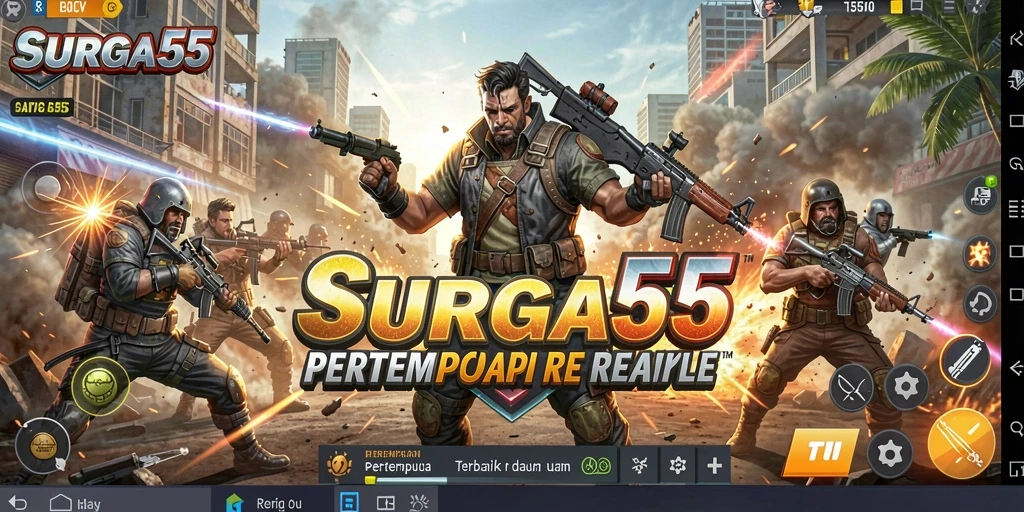 Gambaran gameplay mendebarkan dari SURGA55 dalam pertempuran Battle Royale.