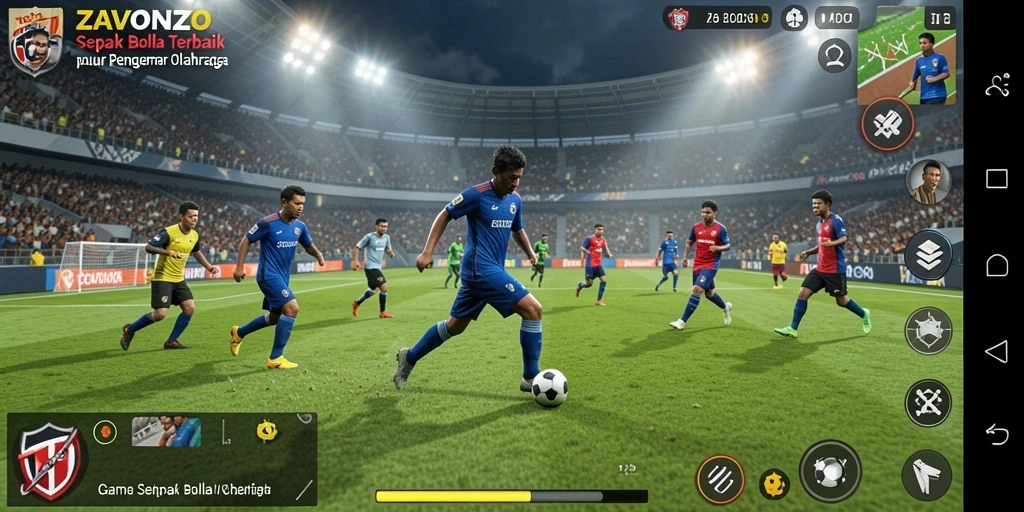 Screenshot gameplay ZAVONZO yang menunjukkan aksi sepak bola yang mendebarkan.